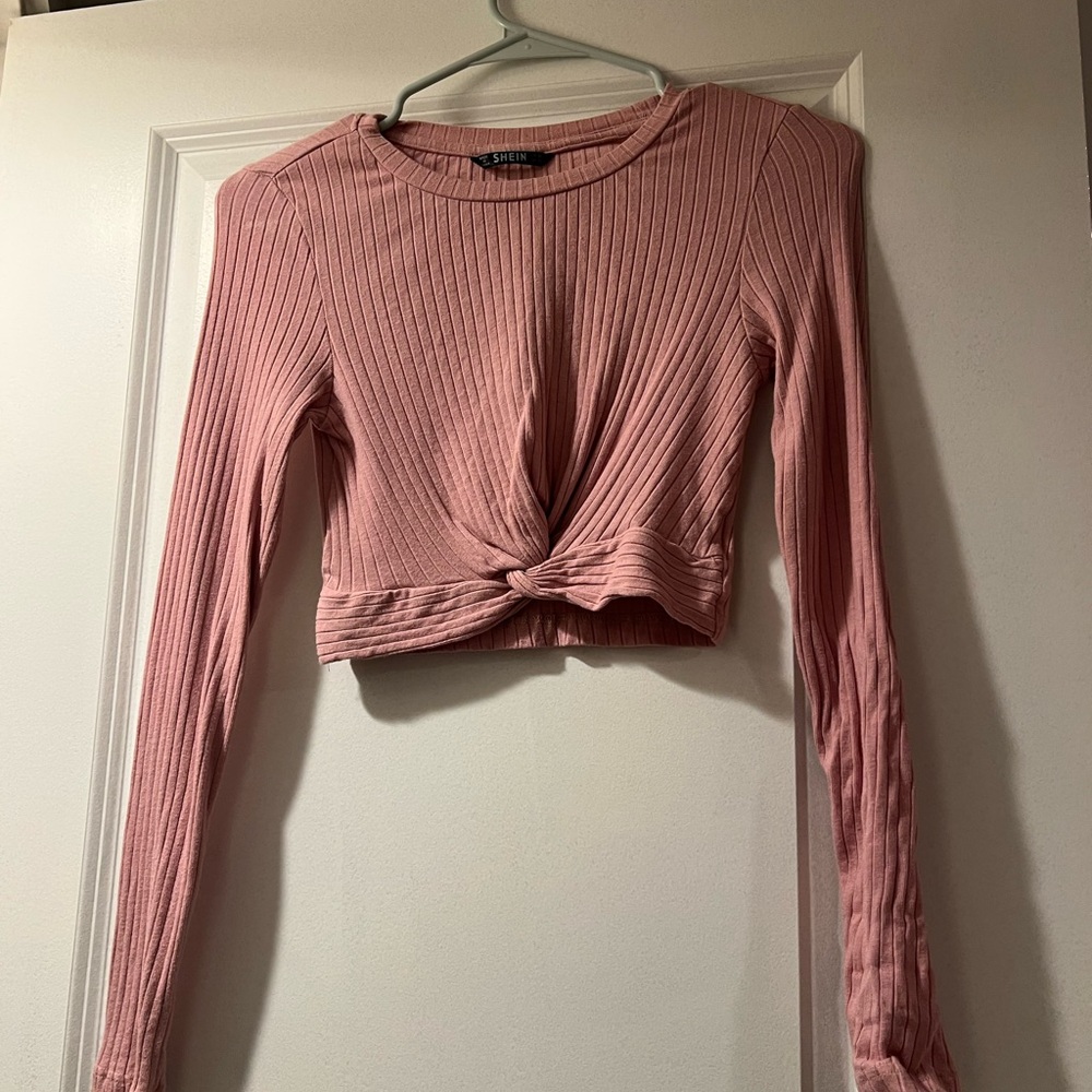 SHEIN Dusty Pink Ribbed Twist Front Blouse